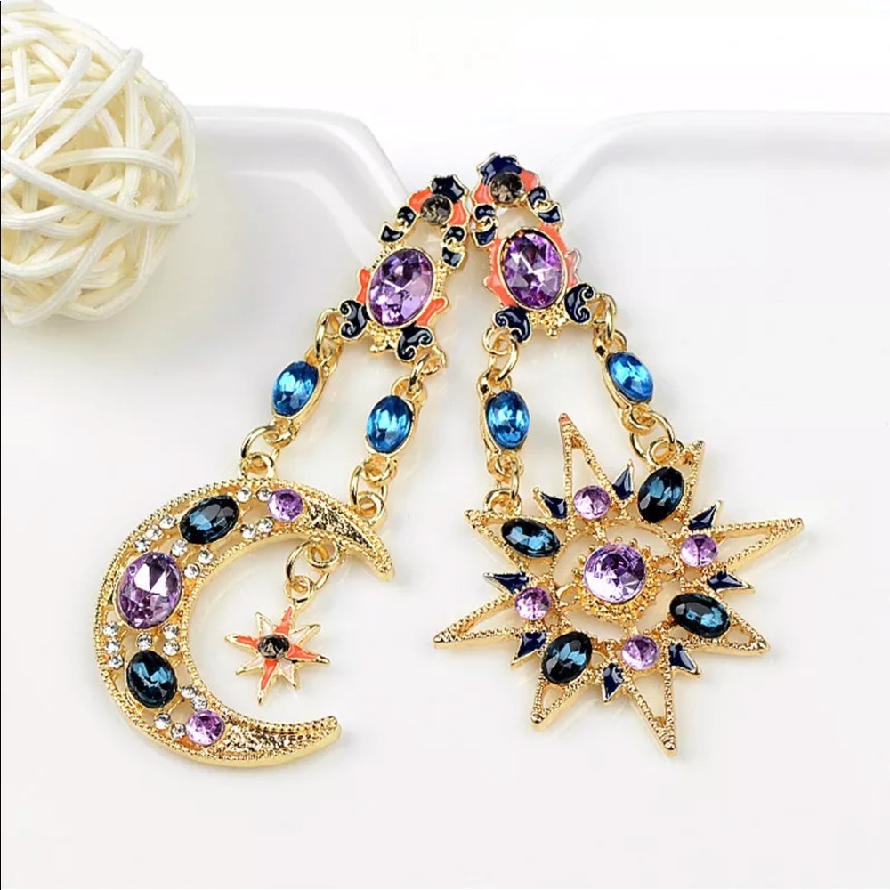 Crystal Boho Sun & Moon Drop Earrings - Picture 2 of 9